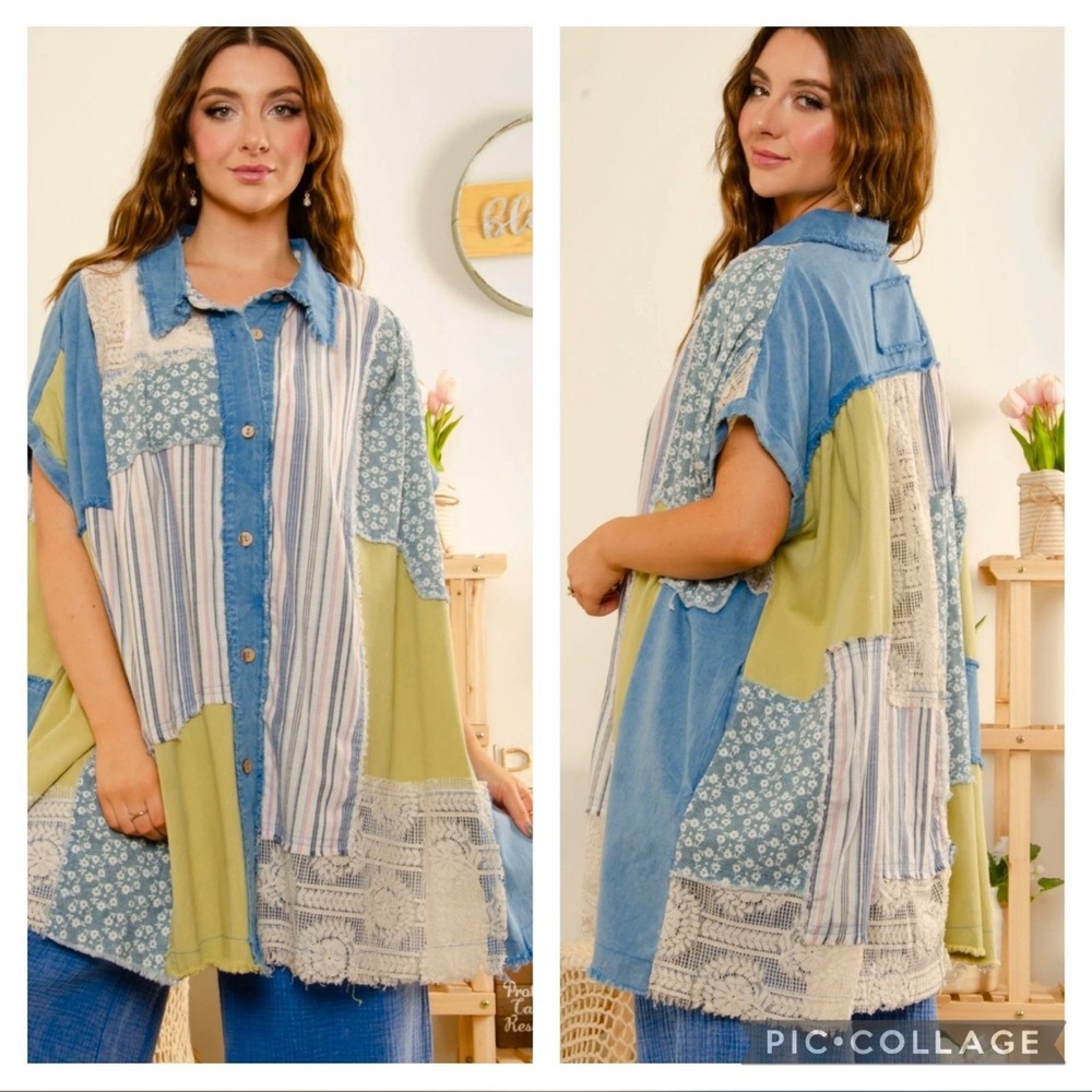 Blue Velvet Patchwork Denim Button-Up Shirt
